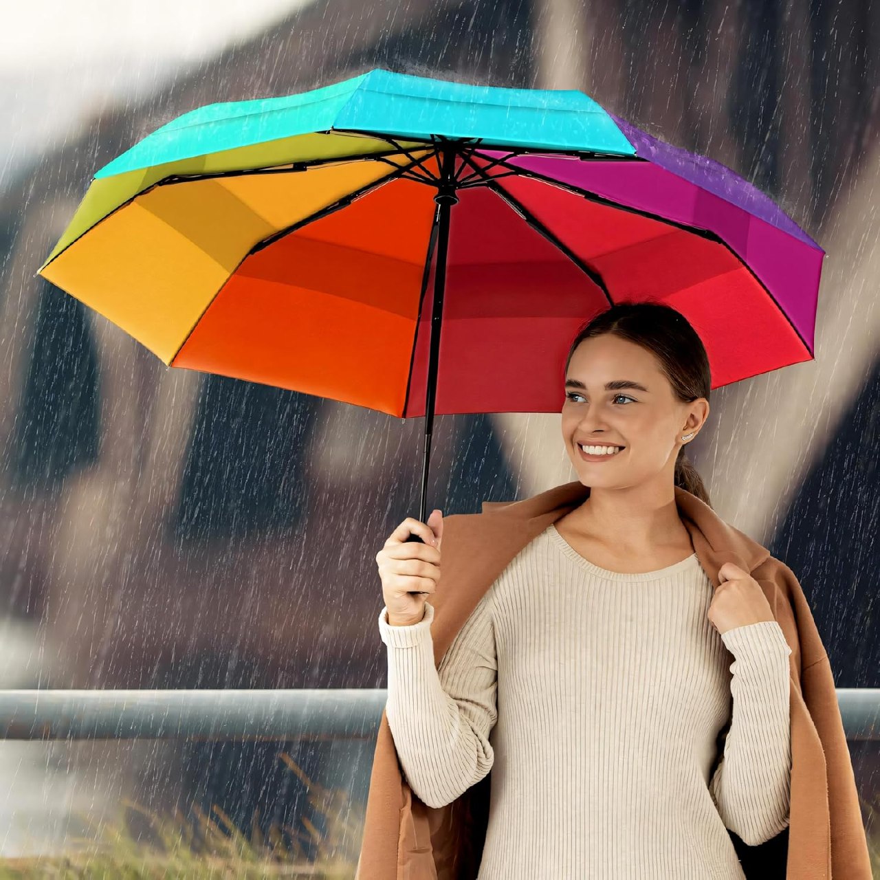Rainbow Design Auto Open Close Umbrella